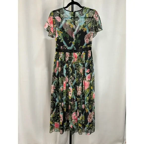 Mac Duggal Multicolor Floral Illusion Cap Sleeve Midi Dress 6 NWT #9149 Chiffon - Picture 12 of 16